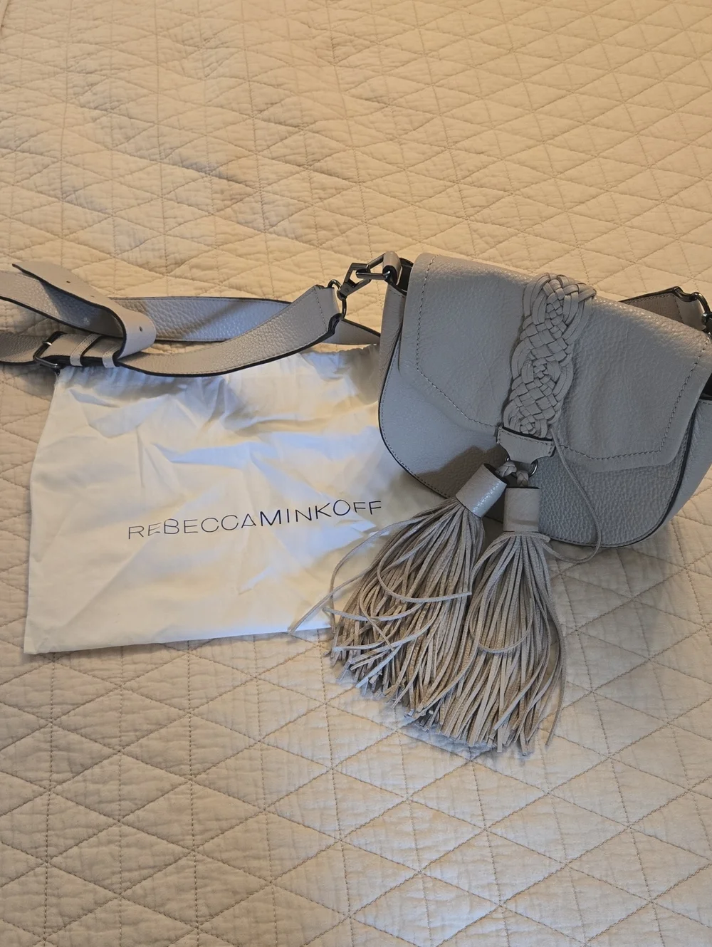 Rebecca Minkoff Light Gray Braided Tassel Leather Crossbody- Excellent Condition